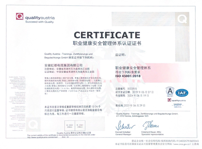 职业健康安 全管理体系认证证书